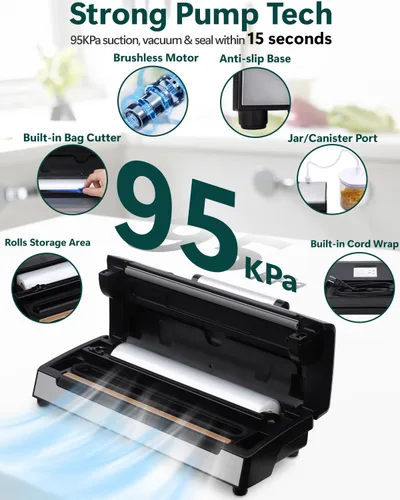 Miniatura 3 de Máquina selladora al vacío de 95 kPa, 8 en 1 modos secos y húmedos multifunción para conservación de alimentos, potente sellador de alimentos