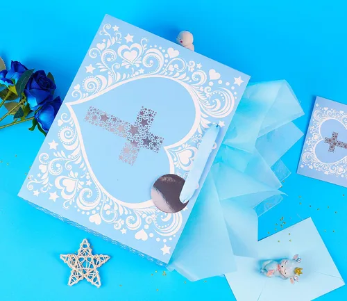 Miniatura 4 de JWSCYSY Bolsa de Regalo Grande de 32 cm Azul con Diseño de Cruz de Estrella Plateada Metálica, Tarjeta y Papel de Seda para Bautizos, Bautismos