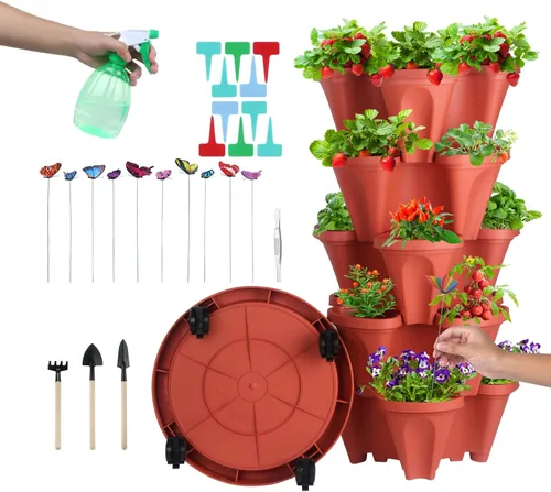 Miniatura 19 de Macetas apilables de polipropileno DUNCHATY, de 5 niveles, verde pino, para interior/exterior, 29" de altura x 13.6" de diámetro 2-1 Paquete