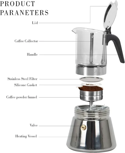 Miniatura 3 de LAOION Cafetera de café expreso, 3 tazas de 5.4 fl oz, cafetera de cristal y acero inoxidable, cafetera moca, cafetera Greca de Café, cafetera