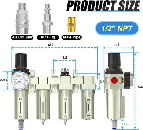 Miniatura 2 de MEANLIN Sistema de Secado de Aire de 3 Etapas de Grado Industrial Resistente 1/2" NPT, Filtro Coalescente, Filtro de Partículas, Secador Desecante