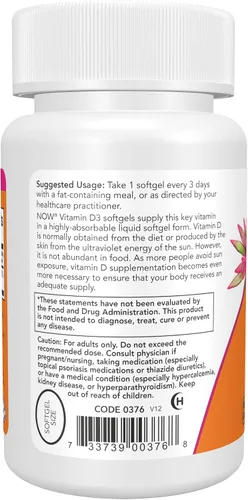 Miniatura 3 de NOW Foods Suplementos, Vitamina D-3 10,000 UI, Máxima Potencia, Apoyo Estructural*, 120 cápsulas blandas