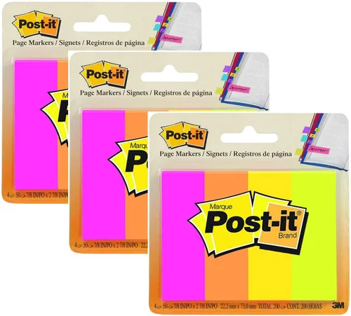 Post-it Marcadores de página, colores surtidos, 1 x 3 pulgadas, 50 hojas/bloc, 4 blocs por paquete (671-4AF), paquete de 3