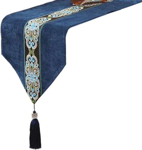 Camino de mesa clásico vintage y bufanda de tocador con borlas a rayas medias, decoración del hogar, 13 x 82 pulgadas, azul