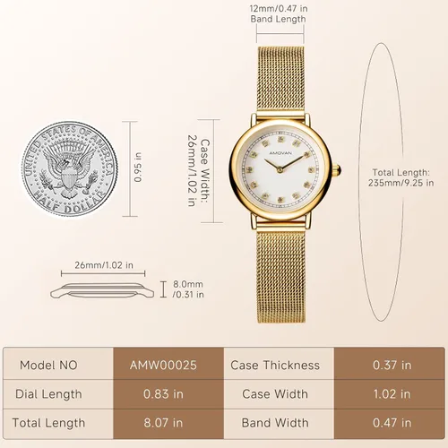 Miniatura 2 de Reloj dorado para mujer con pequeña banda de malla de acero inoxidable, minimalista de dos manecillas, esfera romana de caja redonda, herramienta