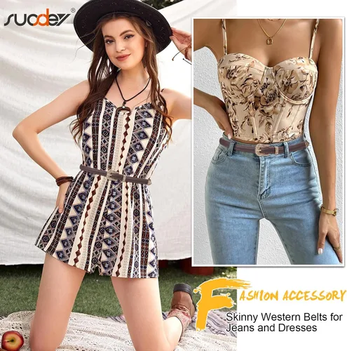 Miniatura 15 de SUOSDEY Cinturones ajustados occidentales de moda para mujer, cinturón de cuero ajustable para vestidos con hebilla vintage