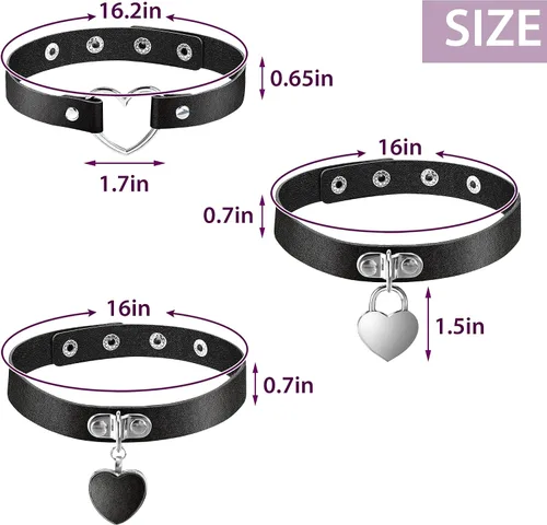 Miniatura 2 de Gargantilla de cuero con tema en forma de corazón de 6 piezas, gargantilla gótica punk ajustable de cuero de la PU (negro), Cuero sintético