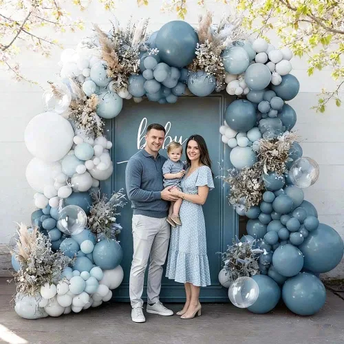 Miniatura 6 de Kit de arco de globos de látex azul polvoriento, blanco, mate, para baby shower, cumpleaños, boda, verano, fiesta bajo el mar Polvo Pastel Azul