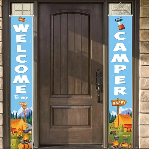 Cartel de bienvenida con texto en inglés «Happy Welcome Camper», 70.8 x 11.8 pulgadas, tela de poliéster, azul, letrero de bienvenida para