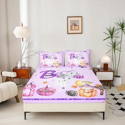 Miniatura 5 de Juego de sábanas Kawaii de fantasma, tamaño individual, juego de ropa de cama morado de Halloween de 3 piezas para decoración de habitación de niños