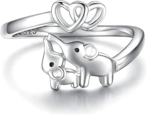 Anillo de Elefante Mamá Hija Plata de Ley 925 Ajustable Anillos de Dedo Corazón de Amor Colgante para Mujeres Esposa Mamá Nana Hija Regalo de Joyería