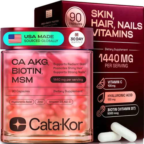Cata-Kor Vitaminas para el cabello, la piel y las uñas para mujeres, suplemento de colágeno de biotina para el cabello, ácido hialurónico, calcio