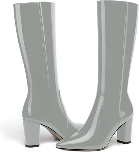 Miniatura 55 de AMBELIGHT Botas altas hasta la rodilla con cremallera y puntera puntiaguda para mujer, de patente sólida, tacón alto, 3.3 pulgadas