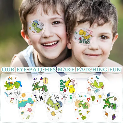 Miniatura 5 de Timgle 40 parches para ojos para niños, lindos dinosaurios, bloqueo de luz, divertidos vendajes adhesivos para ambliopía, ojo cruzado perezoso