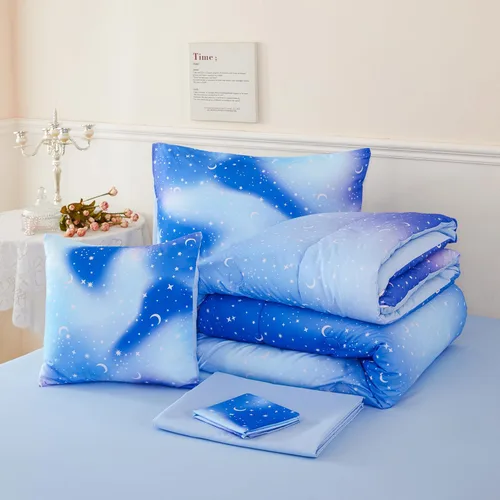 Miniatura 5 de URBONUR Juego de 6 piezas de edredón con brillo degradado para niñas, tamaño completo, ropa de cama de galaxia azul para niños, juego de edredón