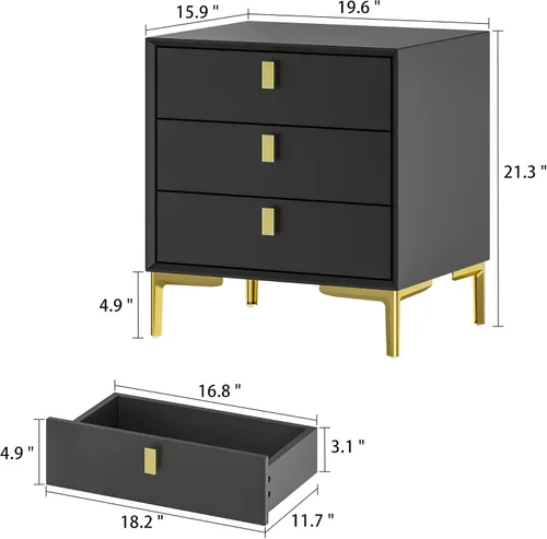 Miniatura 2 de Homsee Mesita de noche de 3 cajones, moderna mesita de noche con almacenamiento, mesa auxiliar versátil con patas de metal para dormitorio, sala