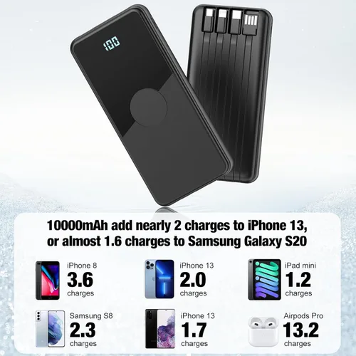 Miniatura 7 de Cargador portátil con cables integrados, batería de alta velocidad de 10000 mAh, paquete de batería de viaje, 5 salidas, 3 entradas, cargador