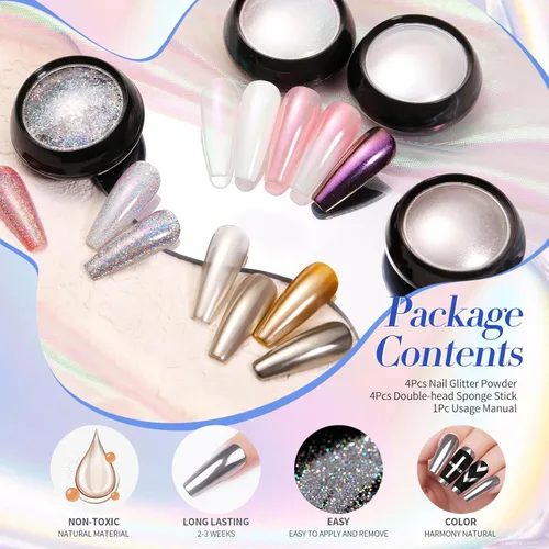 Miniatura 5 de BORN PRETTY Polvo de uñas cromado, polvo cromado holográfico de espejo metálico de perla blanca para uñas, kit de polvo de pigmento con purpurina