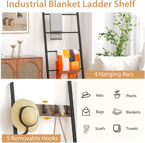 Miniatura 5 de Tangkula Escalera para mantas, estante de escalera de 5 niveles con 5 ganchos extraíbles, soporte decorativo para manta inclinado en la pared