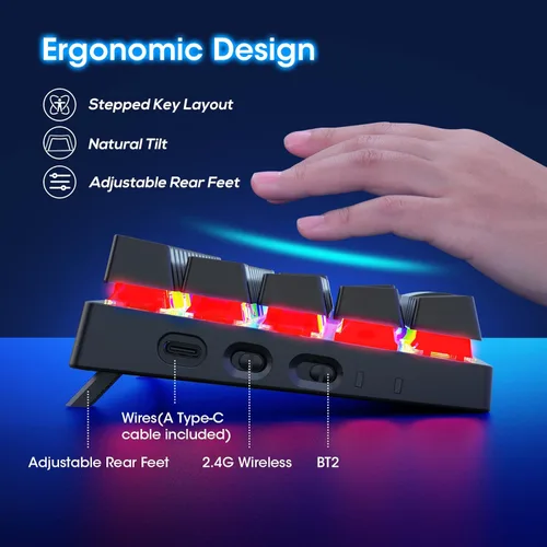 Miniatura 7 de Pauroty 60% Teclado mecánico inalámbrico, teclado de juego de triple modo 2.4G/USB-C/Bluetooth, retroiluminación RGB, interruptor azul clicky, Negro
