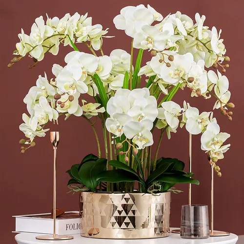 Miniatura 5 de FagusHome 6 piezas de flores artificiales de Phalaenopsis con 2 paquetes de hojas, flores artificiales de orquídea para decoración del hogar