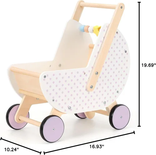 Miniatura 7 de Pillowhale Andador de madera y cochecito de muñeca – Carro de empuje con mango ajustable, antipunta, ruedas silenciosas, carrito de compras