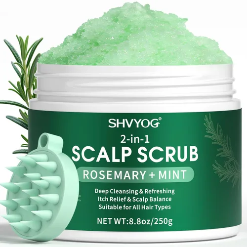 SHVYOG Exfoliante para el cuero cabelludo, exfoliante de romero con menta y sal marina, champú exfoliante aclarante anticaspa para limpieza profunda