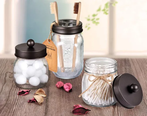 Miniatura 6 de Mason Jar - Soporte para cepillos de dientes – Bronce – con vidrio genuino de 16 onzas Mason Jar para tarro Mason de boca regular, acero inoxidable