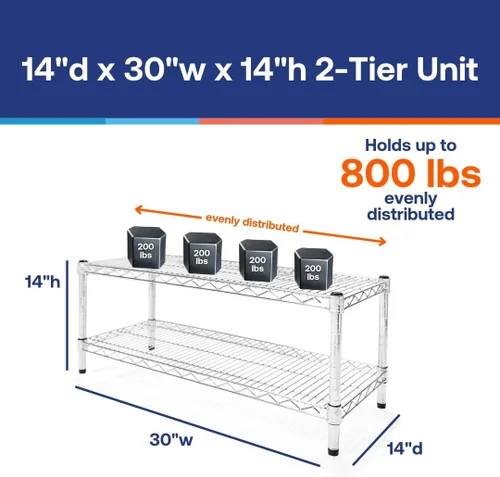 Shelving Inc. Estantería de alambre cromado de 14 pulgadas de profundidad x 30 pulgadas de ancho con estantes de 2 niveles, capacidad de peso de 800