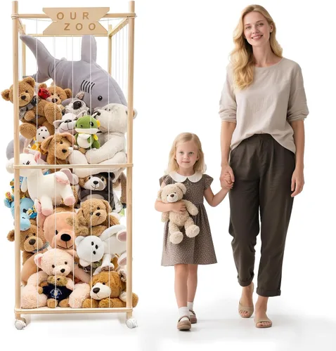 Zoológico de almacenamiento de animales de peluche con ruedas, soporte de madera grande para animales de peluche, organizador de juguetes para