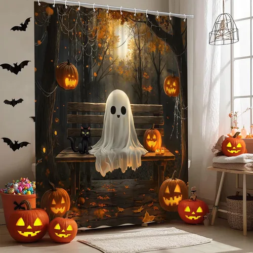 Cortina de ducha de fantasma de Halloween, espeluznante gato negro, telaraña, bosque de otoño, tela de noche aterradora, decoración de baño, cortina