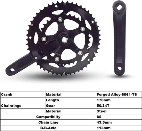 Miniatura 2 de DRIFT MANIAC Juego de bielas de bicicleta 50/34T 52/42T 110BCD cuadrado para bicicleta de senderismo por carretera 6.693 in brazo de manivela