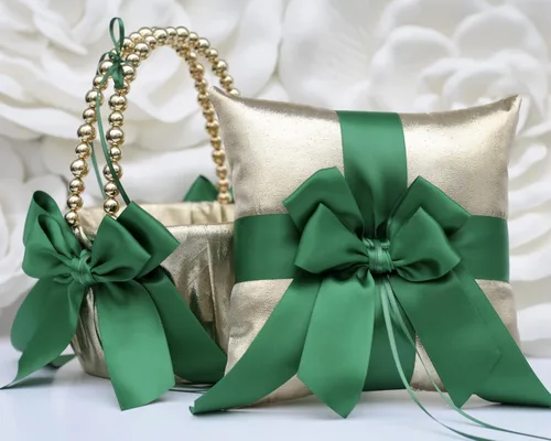 Miniatura 4 de Una cesta de niña de las flores solamente, cesta de boda con mango de perlas, cesta dorada y verde