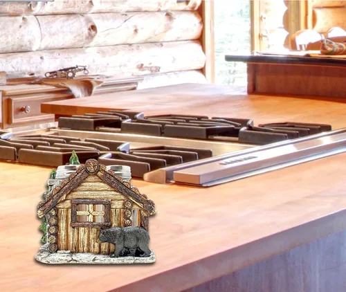 Miniatura 6 de BestGiftEver Juego de saleros y pimenteros con soporte, diseño de oso y cabaña para cocina estilo cabaña, decoración rústica de poliresina