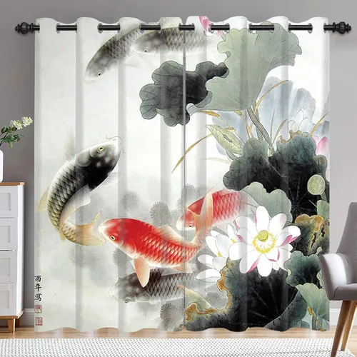 Miniatura 14 de Renaiss Cortinas de carpa para ventana, 29 pulgadas de ancho x 45 pulgadas de alto, pintura de tinta oriental, hojas de loto, lirio de agua negro