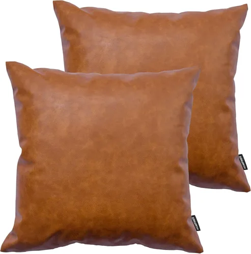 Fundas de Almohada Decorativas de Cuero Sintético 16x16 pulgadas, Juego de 2 Gruesas Color Marrón Coñac Estilo Moderno Boho Decoración de Granja