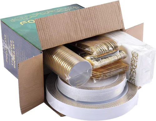 Miniatura 8 de FOCUSLINE Juego de vajilla de oro de 175 piezas para 25 invitados - Platos desechables de plástico con rejilla dorada, incluye 25 platos para cena