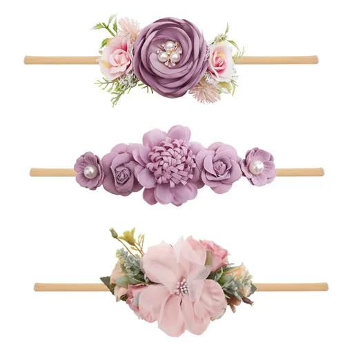 Miniatura 8 de Diademas de niña de nylon con flores elásticas, 3 piezas, accesorios para el pelo, regalo para recién nacidos, bebés y niños pequeños (TU-HDJ-3PCS)