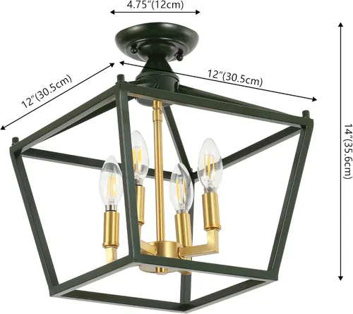 Miniatura 3 de JONATHAN Y Plains 12" Dark Green and Brass Gold 4-Light Iron Semi Flush Mount Lantern, Modern Farmhouse Open-Frame Pagoda with Metal Cage for