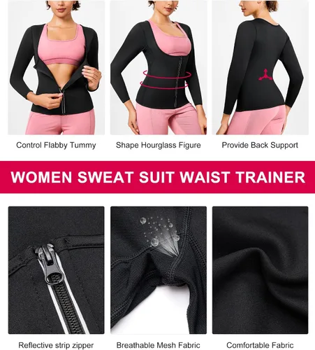 Miniatura 3 de Gotoly Mujer cintura entrenador caliente neopreno camisa sauna traje sudor cuerpo moldeador chaqueta superior cremallera manga larga