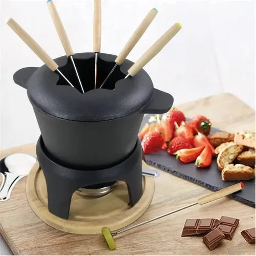 Miniatura 4 de Juego de fondue tradicional de hierro fundido esmaltado negro mate para fondue suiza, 12 piezas, para carne, chocolate y queso, hierro fundido
