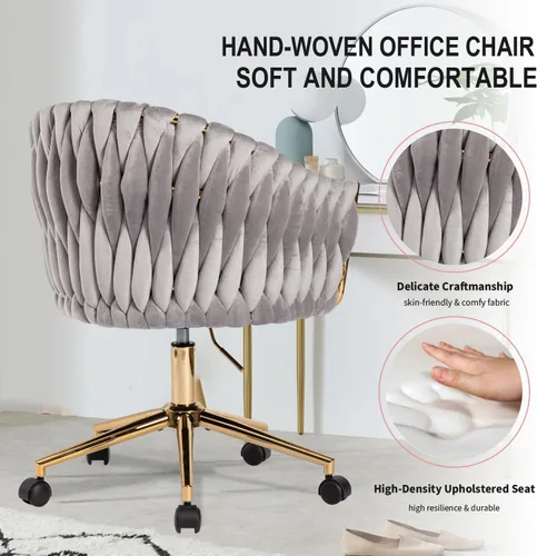 Miniatura 4 de Silla de tocador de terciopelo con respaldo y ruedas, bonita silla de escritorio de oficina pequeña, silla giratoria de maquillaje con brazo