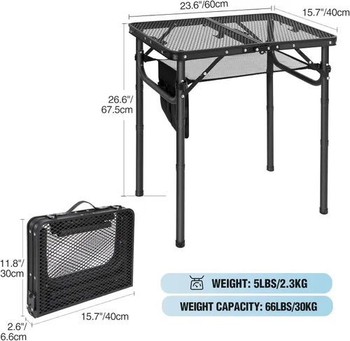 Miniatura 3 de RedSwing Mesa plegable para parrilla, mesa de aluminio ligera de altura ajustable con escritorio de malla y bolsa de malla para acampar al aire Negro