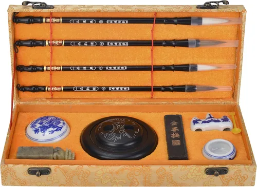 I-MART Juego de caligrafía china para principiantes con 4 pinceles, piedra de tinta, barra de tinta, pasta de tinta roja, sello, cuenco de agua de