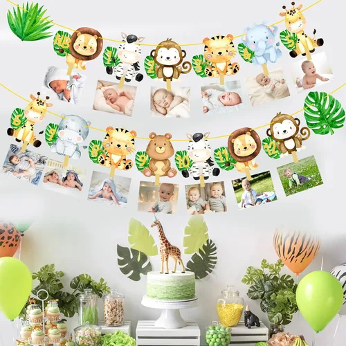 Miniatura 6 de Safair - Cartel de fotos de 1er cumpleaños de animales de safari en la selva, suministros para fiestas