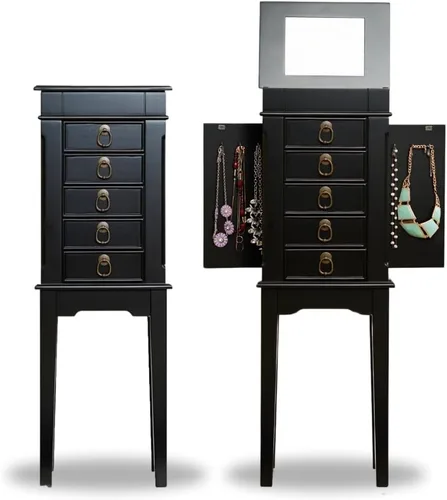 Hives and Honey Kennedy Jewelry Armoire - Moderno organizador de almacenamiento de madera con ganchos para collares, 5 cajones y espejo de tocador,