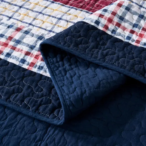 Miniatura 8 de Chezmoi Collection Milton - Juego de colcha reversible de 3 piezas, diseño de retazos a cuadros, 100% algodón lavado, tamaño King