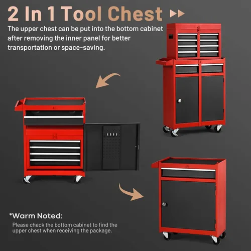 Miniatura 6 de ERGOMASTER Caja de herramientas tipo cofre resistente con ruedas con gabinete de 5 cajones con cerradura y extraíble para garaje y taller