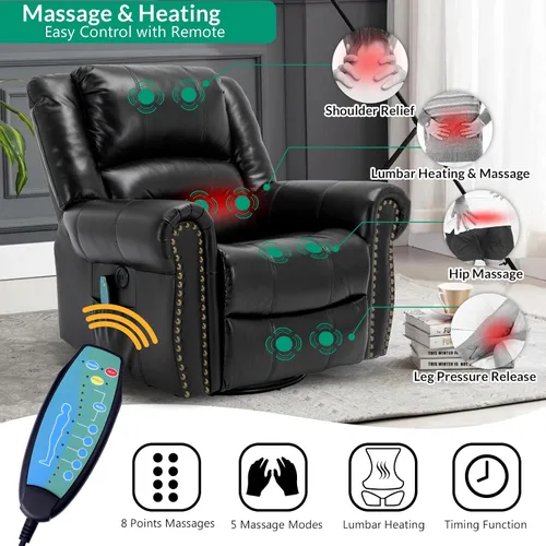 Miniatura 5 de VIVIJASON Silla reclinable giratoria de masaje con calor y vibración, silla reclinable manual giratoria de 360° con control remoto, bolsillos