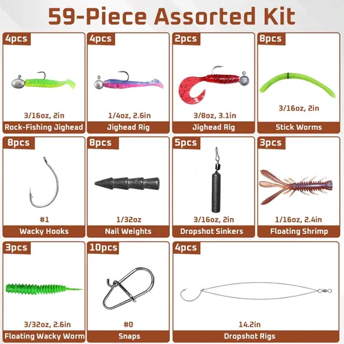 Miniatura 5 de Kit de 59 piezas de caja de aparejos de pesca de lubina, sistema de 5 aparejos preaparejados para pesca en roca, jigheads, Neko, Wacky, Dropshot